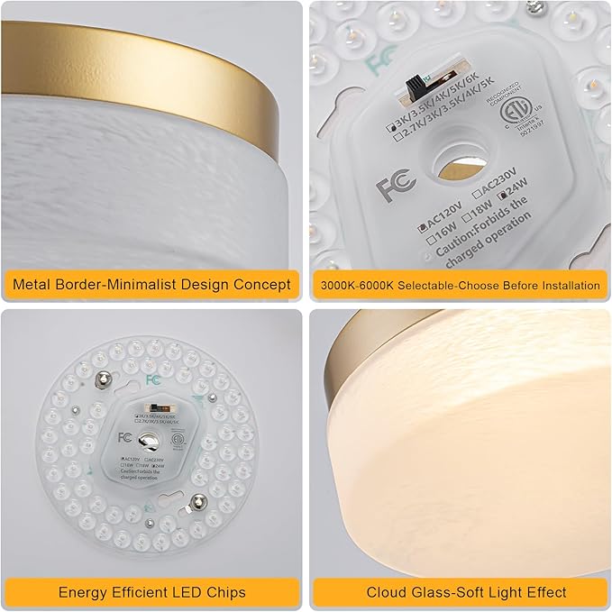 EDISLIVE Cloudy Glass LED Flush Mount Ceiling Light, 5-Step Tunable White, 11.4 Inch Modern Round Gold Ceiling Light for Bedroom, Hallway, Living Room