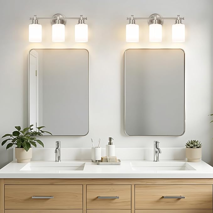 3-Light Bathroom Vanity Light Fixtures, Brushed Nickel Bathroom Wall Sconce, Modern Vanity Light with Milky White Glass Shade Over Mirror, Bathroom, Bedroom, E26 Base, 17 Inch