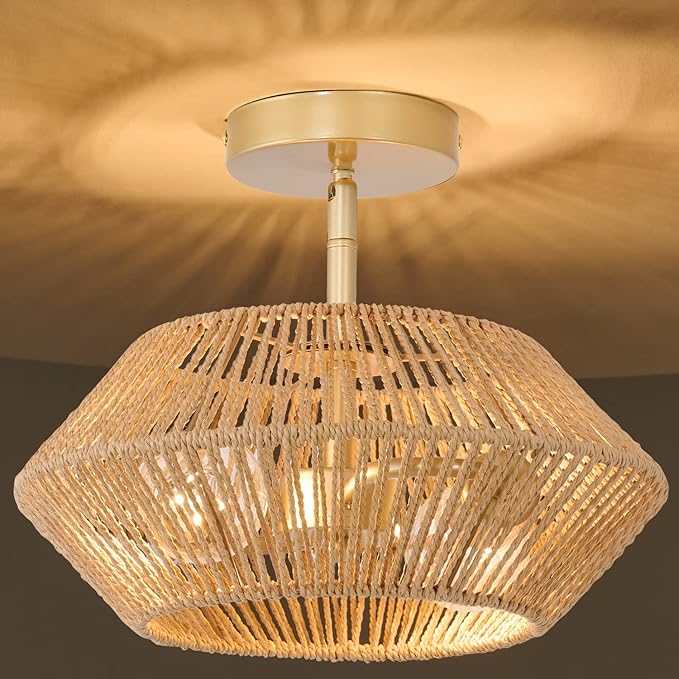 2-Lights Woven Rattan Ceiling Light Fixture, Beige Farmhouse Hand-Woven Cage Semi Flush Mount Light, Small Boho Coastal Basket Close to Ceiling Light for Bedroom Hallway Nursery Entryway