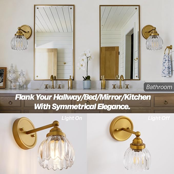Vintage Hardwired Tulip Glass Wall Sconce Lighting, 1-Light Bathroom Vanity Light Fixture for Hallway Bedroom Living Room Bedside Nightstands Lights