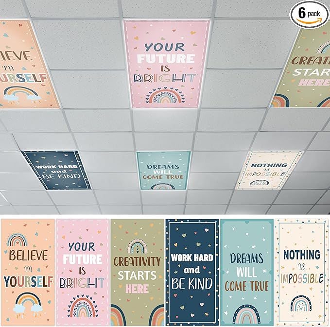 QOUBAI 6 Pcs Fluorescent Light Covers,4 x 2 Ft Magnetic Light Filters Fluorescent Lights Shade Easy Install for Classroom Office Library Hospital Home Ceiling Boho Rainbow