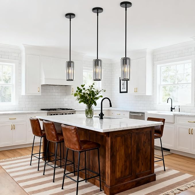 Modern 3-Pack Black Pendant Lights for Kitchen Island, 1-Light Mini Crystal Chandeliers Set with E26 Base, Small Hanging Luxury Fixture for Dining Room, Bedroom, Foyer and Hallway