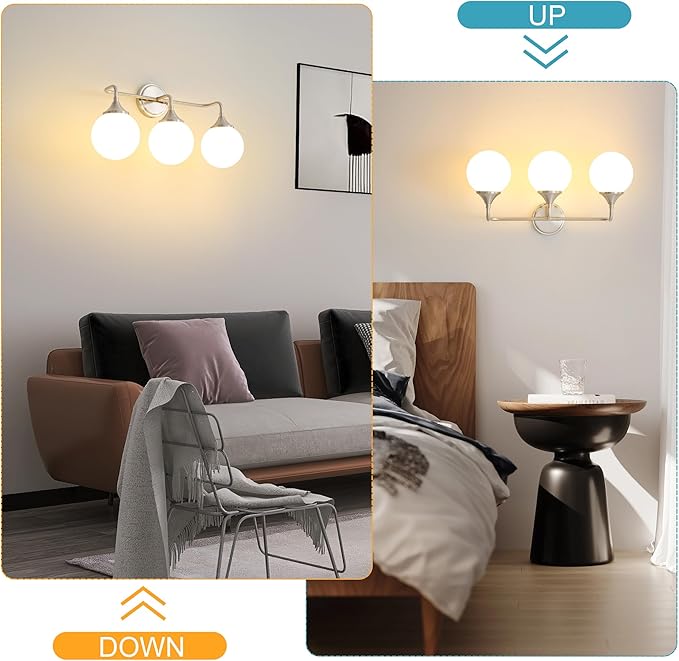 Brushed Nickel Vanity Lights Fixtures, 3-Light Bathroom Vanity Lighting Over Mirror, Modern Bathroom Wall Sconces with Milky White Glass Ball Shades