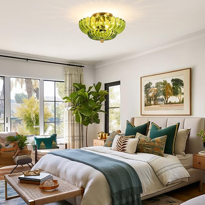 Semi Flush Mount Ceiling Light, Modern Gold Ceiling Light with Green Glass,3 Lights Close to Ceiling Light Fixtures for Bedroom, Dining Room, Kitchen, Living Room, Entryway, Hallway