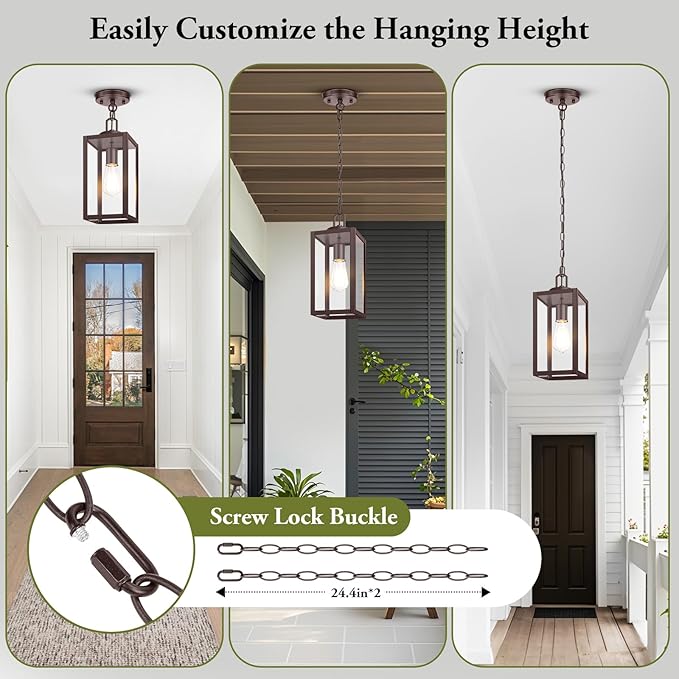 BesLowe 1-Pack Outdoor Pendant Light, 13” Modern Hanging Lantern Light for Outside, Brown Exterior Pendant Lighting Fixture with Adjustable Chain, Outdoor Chandelier for Porch, Gazebo, Front Door