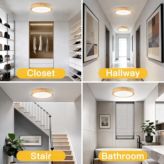Modern Flush Mount Ceiling Light, LED Ceiling Light for Bedroom, Wood Light Fixture Warm White 4500K Not Dimmable, Round Flat Ceiling Lamp for Hallway, Kid's Room, Living Room, (Wood, 11.8")