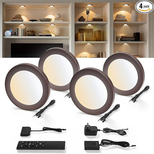 V4light Smart LED Puck Lights, Under Cabinet Lighting with Remote Control, Color Temperature Adjustable, Works with Alexa & Google Home, Plug-in Lights for Kitchen, Counter, Closet, Shelf (4 Pack)