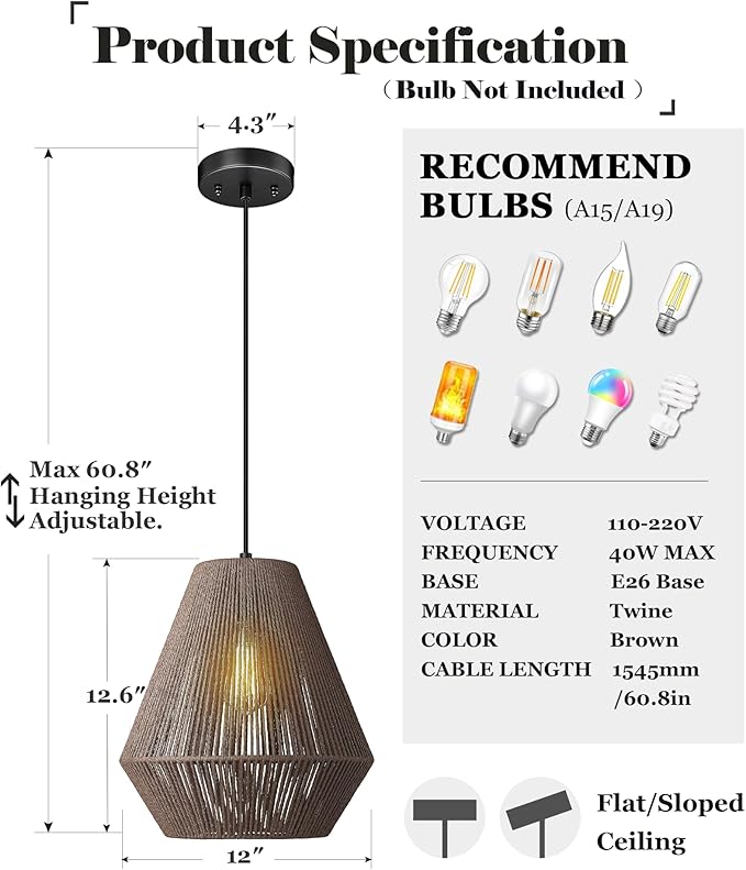 ELYONA 12” Woven Pendant Light for Kitchen Island Farmhouse Boho Hanging Lamp with Handwoven Rattan Basket Shade Adjustable Pendant Light Fixtures for Dining Room Bar Bedroom Foyer Hallway Dark Brown