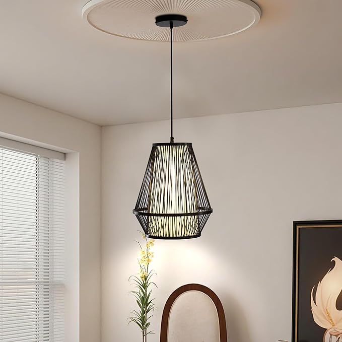 Boho Rattan Pendant Light, 12" Handwoven Bamboo Wicker Basket Shade Pendant Light Fixture, Natural Rustic Farmhouse Chandelier for Kitchen Island, Dining Room, Bedroom
