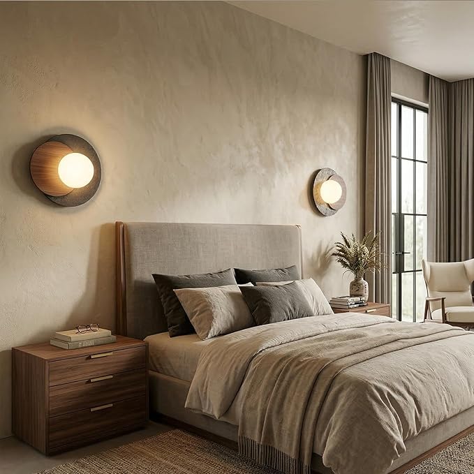 Natural Travertine Wall Sconce, Minimalist Walnut & Stone Wall Light with G9 LED Bulb, Modern Geometric Globe Wall Lamp for Bedroom Bedside, Hallway, Living Room, Warm Organic Decor