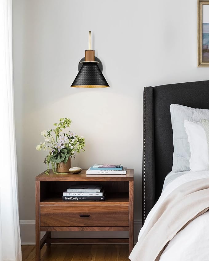 Modern Wall Sconces Set of Two, HWH Industrial Sconce Wall Lighting 1-Light, Brass Barn Wall Vanity Light for Bedroom Kitchen, Hammered Metal Shade, Black and Gold Finish, 5HZG74B-2L BK+BG