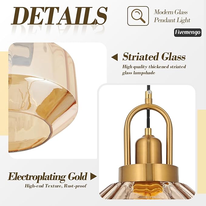 9in Mid Century Modern Amber Glass Pendant Light Fixture, Small Gold Kitchen Island Pendants Light Glass Ceiling Hanging Lamp for Foyer Dining Room Bedroom Entryway Hallway Over Sink