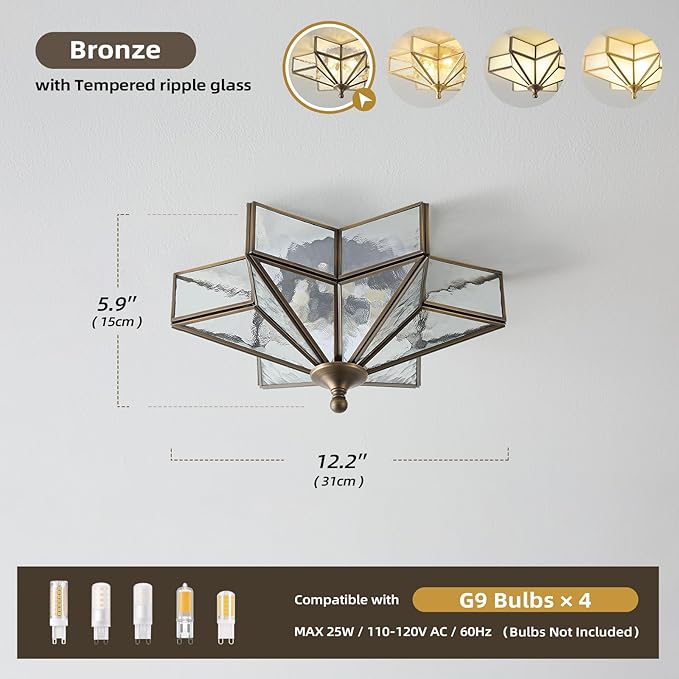 Star Vintage Bronze Ceiling Light - 12.2 in Small Hammered Glass Antique Flush Mount Fixture - Mid Century Black Art Deco Lighting for Kitchen Hallway Bedroom Bathroom Laundry Entryway Farmhouse Hall