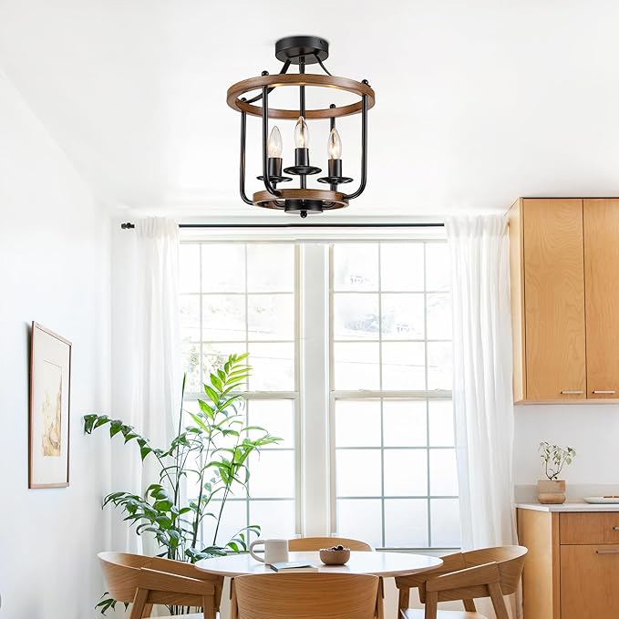 Farmhouse Semi Flush Mount Ceiling Light Fixtures, Industrial Rustic Ceiling Lamp Metal Cage Hallway Light Fixtures(3-Light Wood Finish)