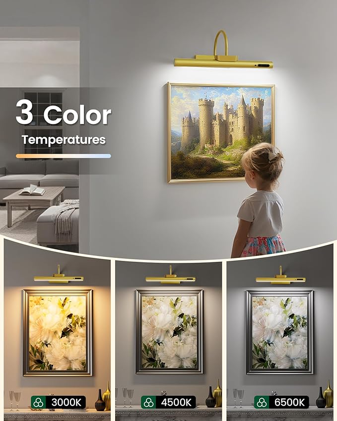 Bridika Picture Light Battery Operated, 19.7in Picture Lights for Wall, 3 Colors & Brightness Dimmable, Rechargeable Art Light for Paintings Photo Dartboard Gallery Bedroom Bathroom Gold