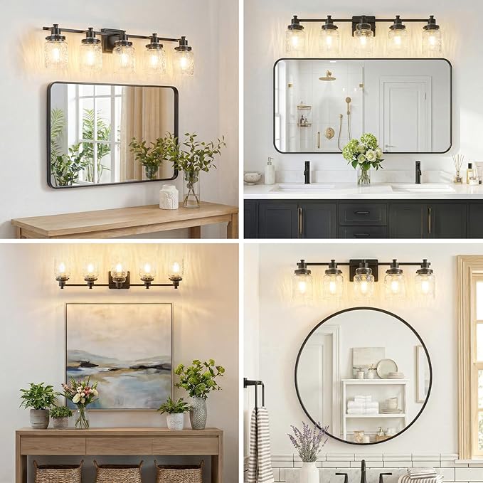 5 Lights Bathroom Light Fixtures Farmhouse Black Vanity Lights for Bathroom Lighting Fixtures Over Mirror with Hammered Glass Lampshade for Cabinet Mirror Bedroom Hallway
