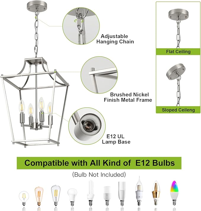 Lantern Pendant Lights, 12" Brushed Nickel Pendant Light Fixtures, 4-Light Adjustable Pendant Lighting for Kitchen Island Dining Room Living Room Foyer Stairway