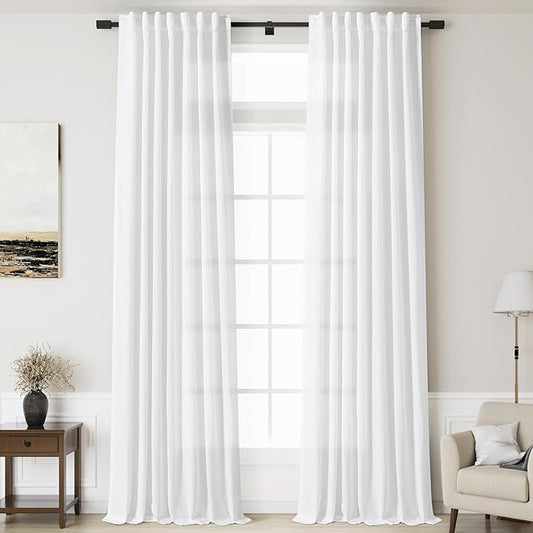 Nanspring Linen White Extra Long Curtains for Living Room Back Tab Light Filtering Semi Sheer Drapes 2 Panels Set Modern Farmhouse Decor Linen Textured Curtain for Floor to Ceiling Window 52x138