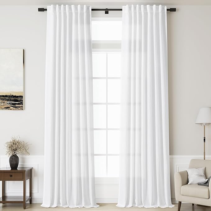 Nanspring White Linen Curtains 142 Inches Long for Living Room Farmhouse Extra Long Back Tab Curtains Light Filtering Semi Sheer Linen Drapes Ceiling to Floor for Large Window 2 Panels Set 52x142