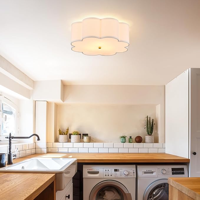 Modern Drum Semi Flush Mount Ceiling Light 17.71" Modern 3-Lights Gold Drum Ceiling Lighting Fixture Vintage Linen Ceiling Lamp for Laundry Room, Kitchen, Basement, Bedroom