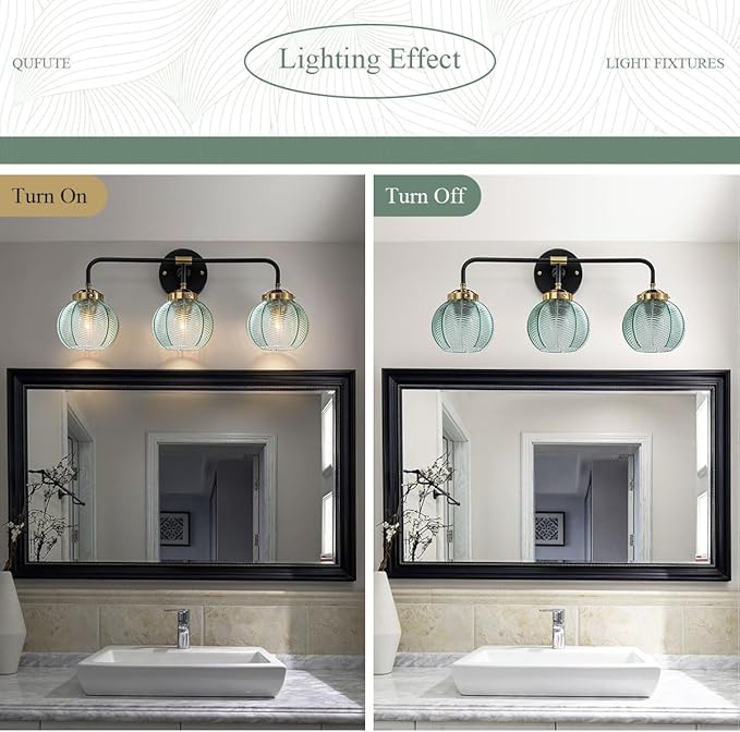 3 Light Bathroom Vanity Light Fixture, Modern Glass Globe Wall Sconce with Ribbed Green Shade, Vintage Wall Lamp for Over Mirror, Bedroom, Hallway, Living Room, 23.6x7.9 inches