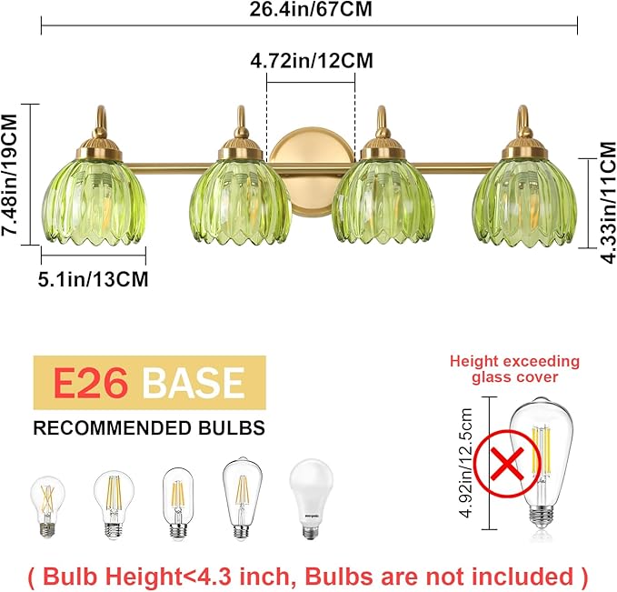 Vintage Bathroom Light Fixtures, Brass Vanity Lights with Green Tulip Glass Shade, Vanity Sconces for Bathroom Bedroom Living Room Hallway, 4-Light