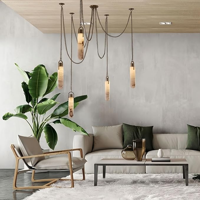 RUIBO Alabaster 7 Light LED Multi-Drop Hanging Pendant Lighting,Cylinder Natural Marble Multi Light Pendant Lights,Living Dining Room Loft Bedroom Modern LED Hanging Lamps(E14)