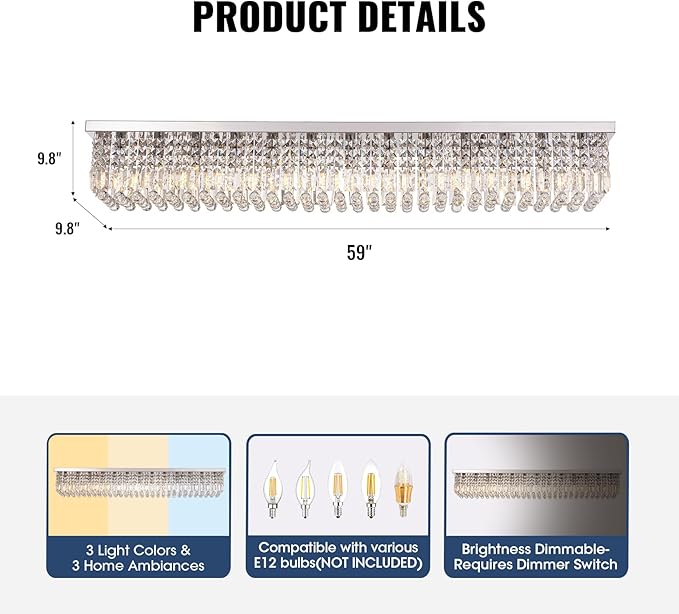 Modern Crystal Chandelier,13-Light Chandelier for Dining Room,K9 Crystal Rectangle Chandeliers,59-inch Adjustable Hanging Pendant Light Fixture Kitchen Island Bar Bedroom