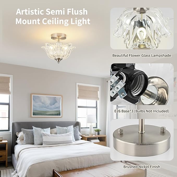 Semi Flush Mount Ceiling Light, Brushed Nickel Light fixtures with Floral Clear Glass Shade, Modern Close-to-Ceiling Lighting for Bedroom Kitchen Living Room Hallway