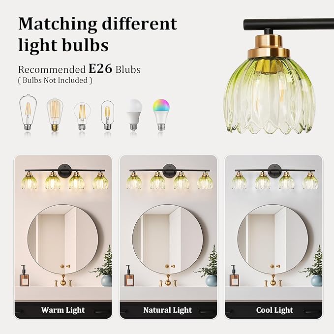 TALOYA Bathroom Vanity Light Fixtures, 4-Light Modern Black and Gold Wall Lights for Mirror, Green Tulip Glass Shades Over Sink Lighting for Bedroom, Living Room, and Hallway,Farmhouse