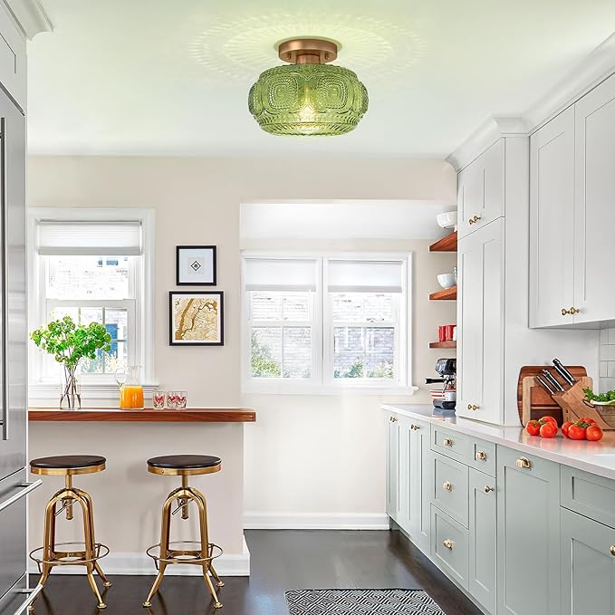 Semi Flush Mount Ceiling Light, Green Globe Glass Ceiling Light Fixture, Art Deco Kitchen Lighting fixtures Ceiling for Hallway Porch Corridor Bedroom, Bulb Not Included