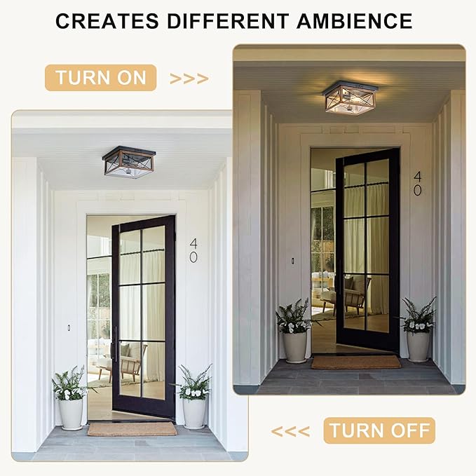Motion Sensor Outdoor Flush Mount Ceiling Light, Industrial Glass Rustic Wood-Like Finish 2-Light Ceiling Lamp for Porch, Entryway, Garage, Timer and Sensitivity Adjustable (Wood-Like-Square)
