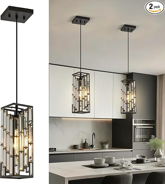 Black Pendant Lights Kitchen Island 2 Pack, Adjustable Modern Pendant Light Fixtures, Mini Crystal Chandeliers for Dining Room Bedroom Foyer Hallway