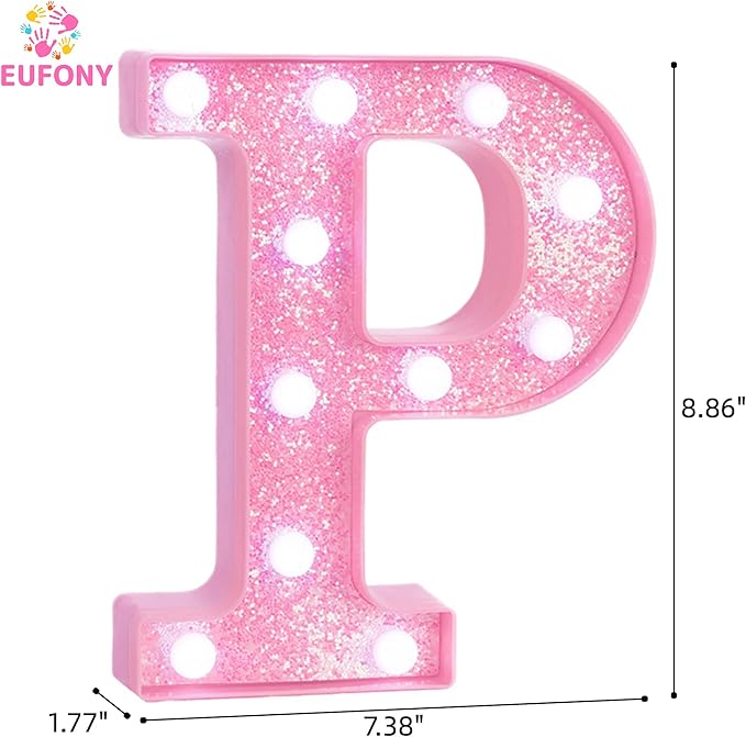 Pink Marquee Light Up Letters, Glitter Alphabet LED Letter Lights for Pink Birthday Party Decorations, Battery Operated Letter Sign for Girls Room Vanity Table Decor, Cool White Lights Letter P