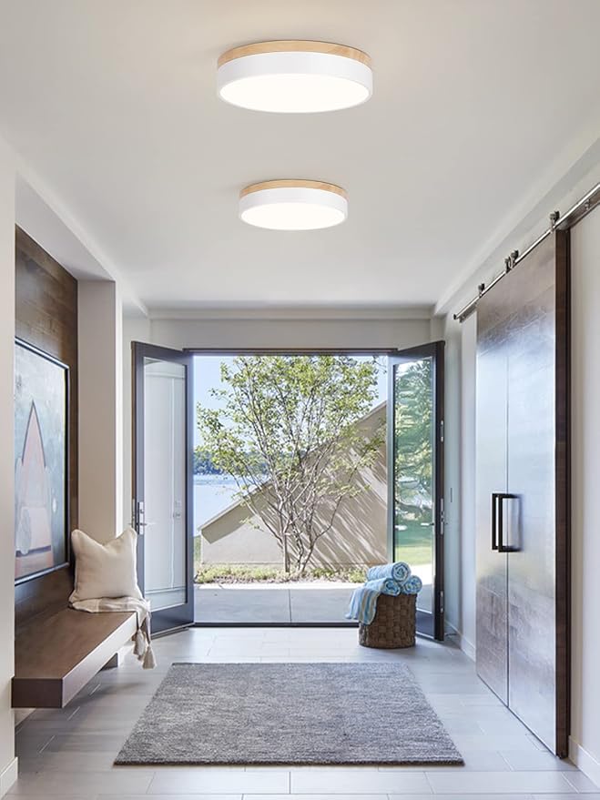 WOKNOS Dimmable Wood Ceiling Light Fixture 2700K-6000K 5CCT Modern White LED Flush Mount Ceiling Light Minimalist Circle Close to Lighting Fixture for Bedroom Kitchen Bathroom Laundry Room 11.81 Inch