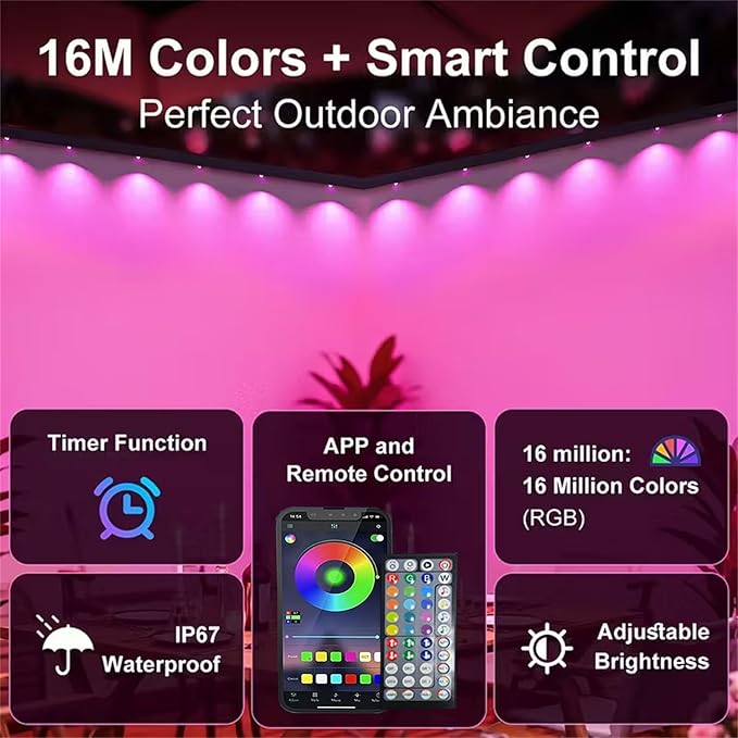 32.8FT Permanent Outdoor RGB Lights,IP67 Waterproof Smart LED Eaves Lights with App/Remote Control,for Christmas and All Holiday Decor,Daily and Accent Lighting,House Roof and Garden Lighting
