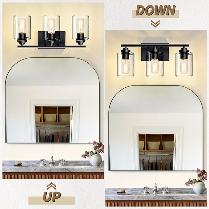 SKEJAO Bathroom Light Fixtures Over Mirror,3-Light Wall Sconce Vanity Lights for Bathroom,Vanity Lighting Fixtures,Black
