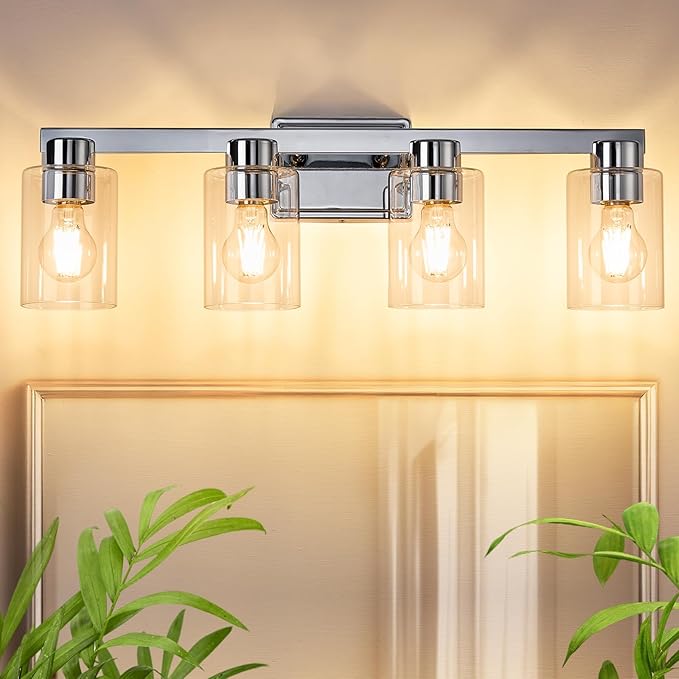 4-Light Bathroom Light Fixtures Modern Chrome Vanity Lights with Clear Glass Shade 26 Inch Wall Sconces Over Mirror for Bathroom,Powder Room, Living Room