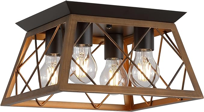 Q&S Semi Flush Mount Vintage 4-Light Bronze Farmhouse Ceiling Light Geometric Rustic Island Light Fixtures for Entryway Hallway Dining Room Living Room Bedroom