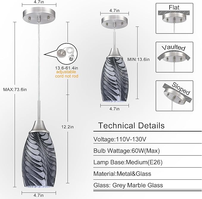 Viinew Mini Glass Pendant Light 4.72" with Handblown Black Gray Marble Art Glass Hanging Light 3-Pack Oval Ceiling Hanging Light Fixture for Dining Room Kitchen Island Cafe Foyer Hallway