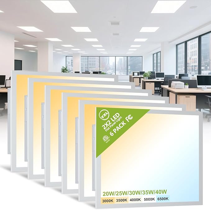 6 Pack 2x2 LED Flat Panel Light Drop Ceiling Light Fixture, 5200LM, 5CCT LED Drop Surface Mount Ceiling Office Light, 40W/35W/30W/25W/20W Selectable,6500K/5000K/4000K/3500K/3000K,Dimmable 0-10V,ETL