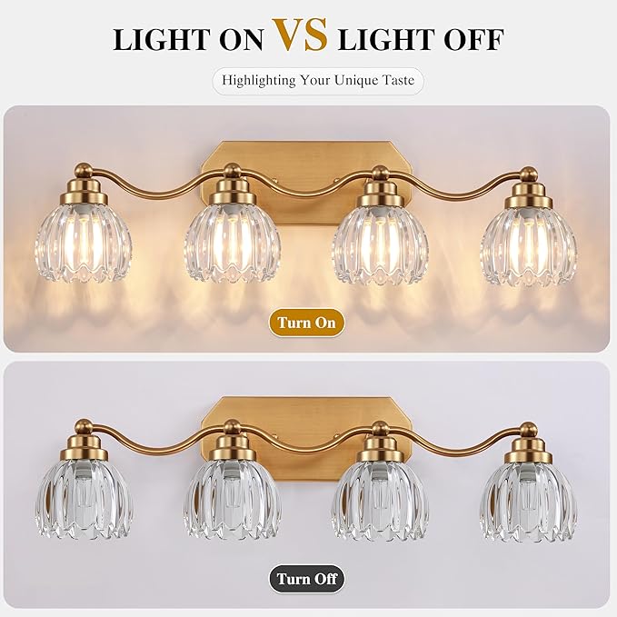VbiTmn Gold Bathroom Light Fixtures, 4 Light Vintage Vanity Lights, Antique Brass Brushed Gold Finish, Crystal Transparent Glass Shade, Mid Century Wall Sconces for Bedroom, Living Room, Hallway