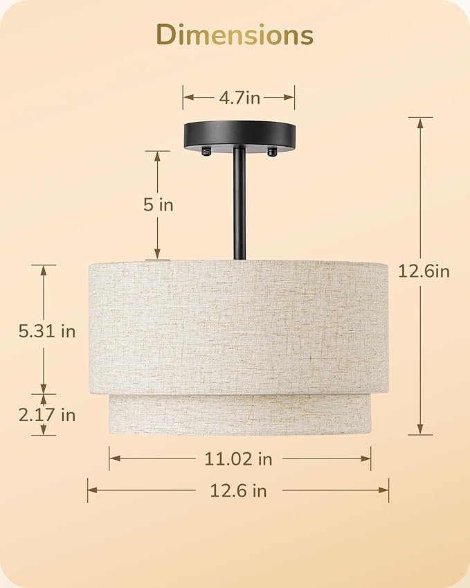 EDISHINE 12.6" Semi Flush Mount Ceiling Light, 3-Light Close to Ceiling Light Fixtures with Double Drum Linen Fabric Shade, Hallway Lights Fixtures for Living Room Entryway Kitchen, Matte Black