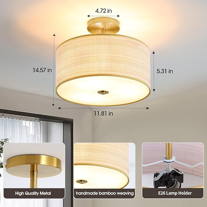 Fabric Semi Flush Mount Lighting Fixture, Modern Semi Chandeliers for Dining Room, Drum Farmhouse Ceiling Lighting Fixture, Brown Fabric Shade 3-Light for Kitchen Island Bedroom Hallway Foyer