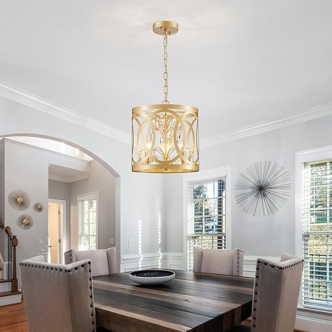WUZUPS Crystal Chandelier 3-Light Vintage Farmhouse Pendant Ceiling Light Lighting Fixture for Foyer Diningroom Bedroom Hallway Storage Kitchen Bathroom, H 10.8" W 11.8", E12 Base, Gold