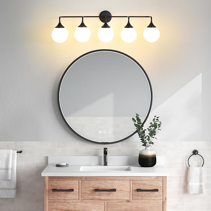 Black Bathroom Light Fixtures, Modern Vanity Lighting Over Mirror, Mid Century Brushed Brass Wall Sconce 5-Light with Milky White Glass Ball Shades