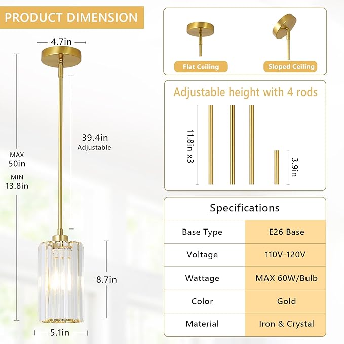 3 Pack Gold Pendant Lights Kitchen Island, Modern Pendant Lighting with Clear Crystal Shade, Vintage Brass Chandelier Light Fixtures Ceiling Hanging for Dining Room Bedroom Foyer Hallway