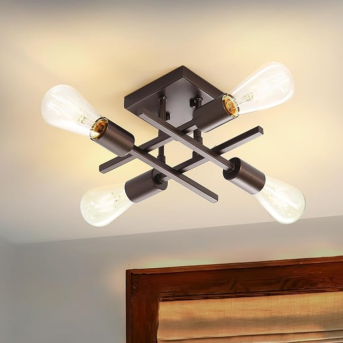 Industrial 4-Light Semi Flush Mount Ceiling Light Fixtures, Farmhouse Oil-Rubbed Bronze Chandelier Lighting, Modern E26 Base Sputnik Ceiling Lamps for Living Room Hallway, 2 Pack