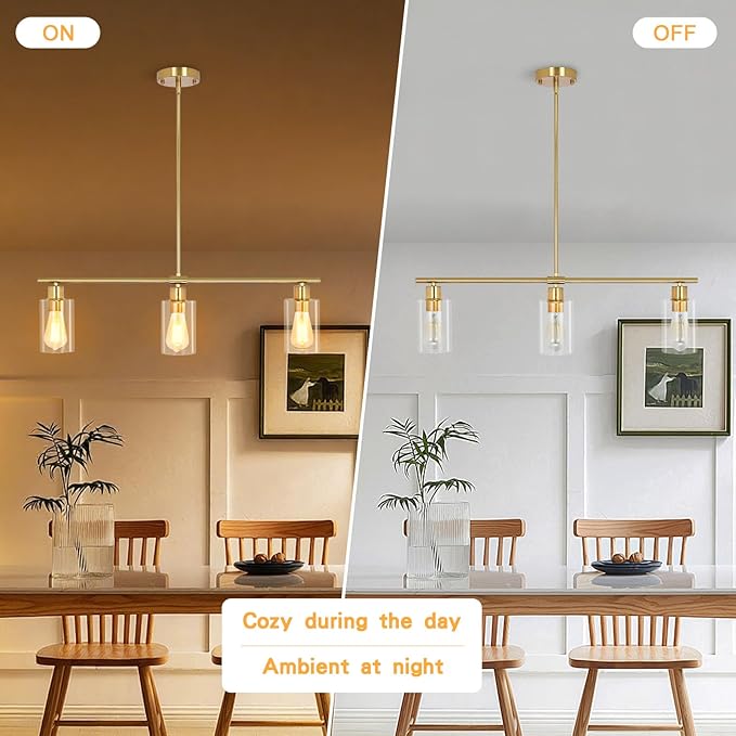 3-Light Kitchen Island Lighting, Farmhouse Dining Room Light Fixtures Over Table, Modern Gold Island Lights Over Island, 31" Linear Chandelier Hanging Ceiling Pendant Light Fixtures for Kitchen