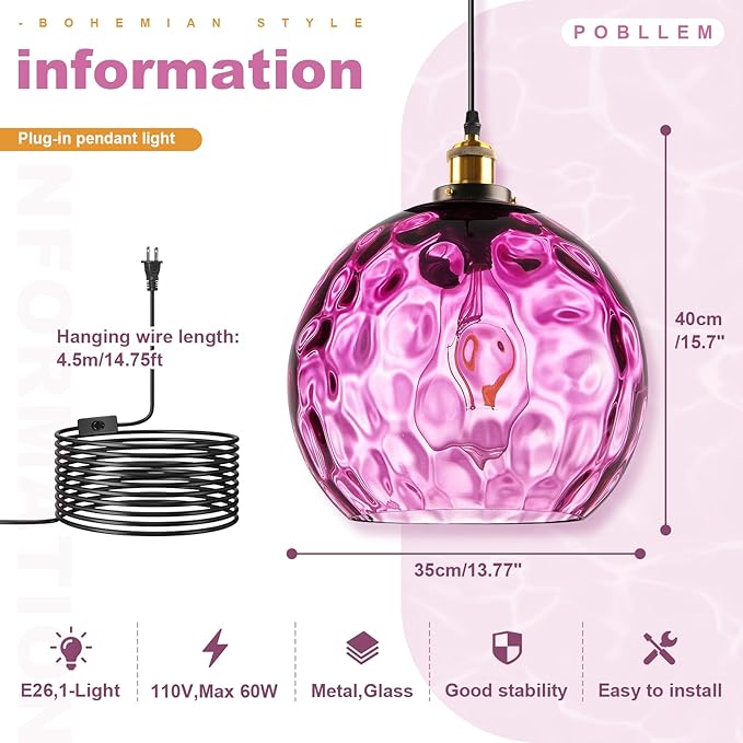 Mid Century Plug in Hanging Light for Living Room, 13.8" Purple Glass Shade Plug in Cord Boho Pendant Lamp for Bedroom Dining Room Kitchen Sink, Large Plug-in Light